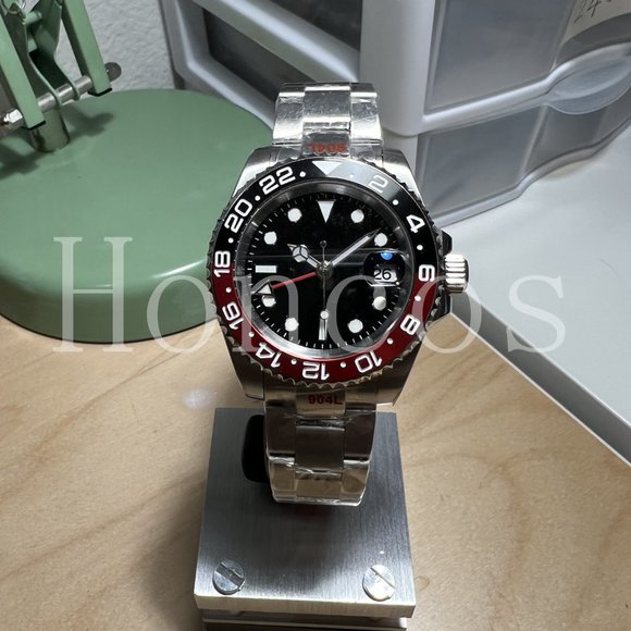 Custom Made Watch with GMT Automatic Movement Silver Case Red Black Coke - Picture 2 of 4